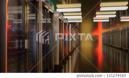 Server. Server data center. Backup, mining, hosting, mainframe, farm and computer rack with storage information. 3d rendering Server. Server data center. Backup, mining, hosting, mainframe, farm and computer rack with storage information. 3d rendering 121274583