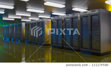 Server. Server data center. Backup, mining, hosting, mainframe, farm and computer rack with storage information. 3d rendering Server. Server data center. Backup, mining, hosting, mainframe, farm and computer rack with storage information. 3d rendering 121274586