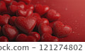 Valentine Day pile of red hearts candies. Romantic love greeting present gummy candy macro photo on red background 121274802