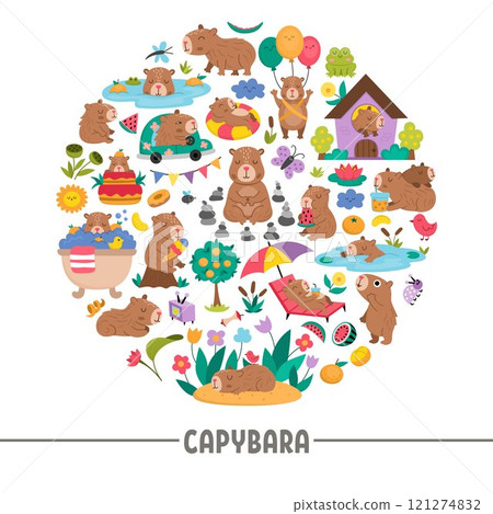 Vector capybara round frame with funny relaxed animals, frog, tangerines, fruit, flowers, butterfly. Capibara card template design for banners, invitations. Cute illustration with guinea pigs 121274832