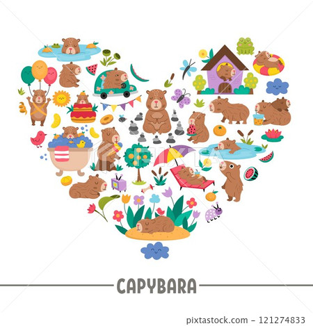 Vector capybara heart shaped frame with relaxed animals, frog, tangerines, fruit, flowers, butterfly. Capibara card template design for banners, invitations. Cute illustration with guinea pigs Vector capybara heart shaped frame with relaxed animals, frog, tangerines, fruit, flowers, butterfly. Capibara card template design for banners, invitations. Cute illustration with guinea pigs 121274833