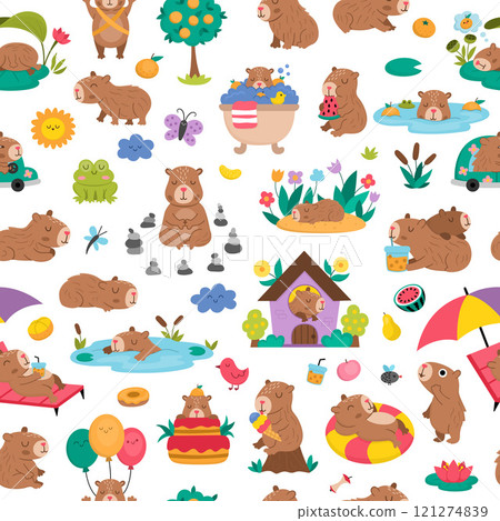 Vector capybara seamless pattern. Cute capibara repeat background with bath, fruit, reeds, birds, tangerines. Funny digital paper with meditating, sleeping, relaxing, swimming animals Vector capybara seamless pattern. Cute capibara repeat background with bath, fruit, reeds, birds, tangerines. Funny digital paper with meditating, sleeping, relaxing, swimming animals 121274839