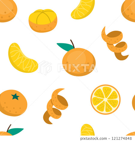 Vector tangerine seamless pattern. Hand drawn citrus fruit repeat background. Cartoon digital paper with orange peel, piece, in slices and cut in two. Fresh food texture 121274848