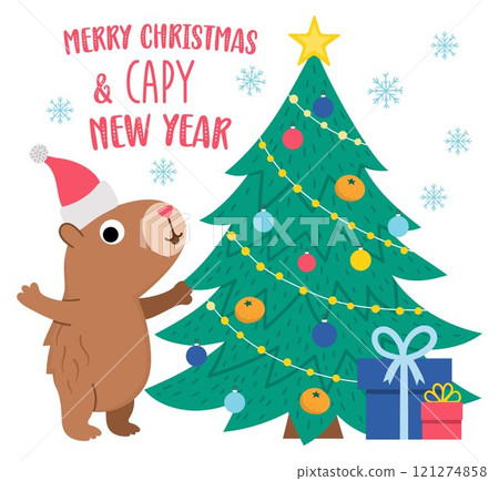 Vector Christmas capybara square card template. Cute capibara in Santa hat standing near fir tree with ornaments and presents. Winter holiday or New Year poster illustration. Comic trendy guinea pig Vector Christmas capybara square card template. Cute capibara in Santa hat standing near fir tree with ornaments and presents. Winter holiday or New Year poster illustration. Comic trendy guinea pig 121274858