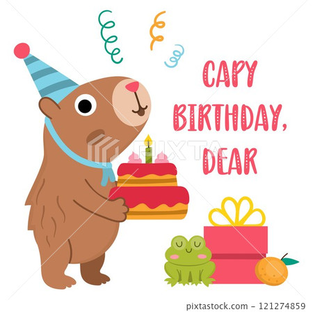 Vector Birthday capybara square card template. Cute capibara in cone hat holding cake with candle and standing near presents with frog. Holiday poster illustration. Comic trendy guinea pig 121274859