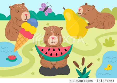 Vector capybara landscape illustration. Cute scenery with capibaras holding fruits and ice-cream. Funny scene with adorable animals. Happy land picture for kids with pear, watermelon, butterfly 121274863