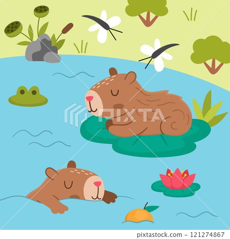 Vector capybara landscape illustration. Cute square scenery with capibaras swimming in the lake with closed eyes. Funny scene with adorable animal. Happy land background for kids Vector capybara landscape illustration. Cute square scenery with capibaras swimming in the lake with closed eyes. Funny scene with adorable animal. Happy land background for kids 121274867
