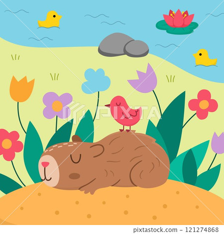 Vector capybara landscape illustration. Cute square scenery with capibara sleeping on flower clearing with closed eyes and bird on his back. Funny scene with adorable animal 121274868