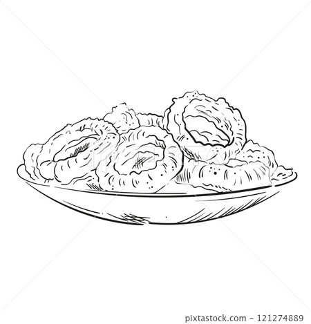 Onion rings, hand drawn fast food vector illustration. Snack for design pub in vintage engraved style. Doodle sketch. Great for menu, poster or label, restaurant or cafe 121274889