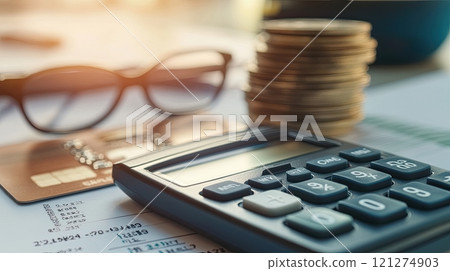 Closeup of credit card and calculator. Financial investment payment calculate, home bill, 121274903
