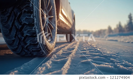Closeup of ice car tire on road, winter tread pattern leaving tracks in snow 121274904