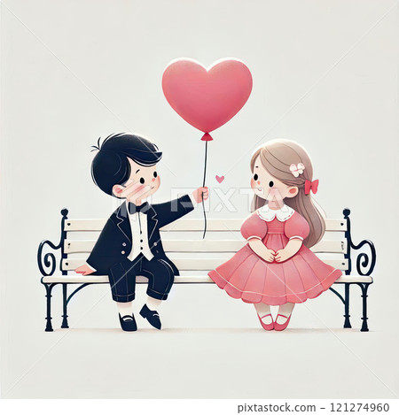 A boy gives a girl a heart-shaped balloon. Greeting card for Valentine's Day A boy gives a girl a heart-shaped balloon. Greeting card for Valentine's Day 121274960