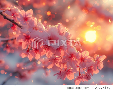 Sakura in the Snow. Snow covering the branches of a cherry blossom tree. Background Sunrise. Realistic photo. 121275159