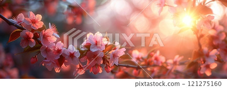 In the evening, cherry blossoms blooming in full bloom under sunset light, with branches covered in pink flowers and green leaves. 121275160