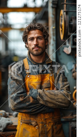 A male worker stands in a workshop against an industrial background. Realistic photography. 121275174