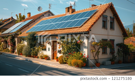 residential building on European street with solar panels installed on the roof. summer. Realistic photography. residential building on European street with solar panels installed on the roof. summer. Realistic photography. 121275180