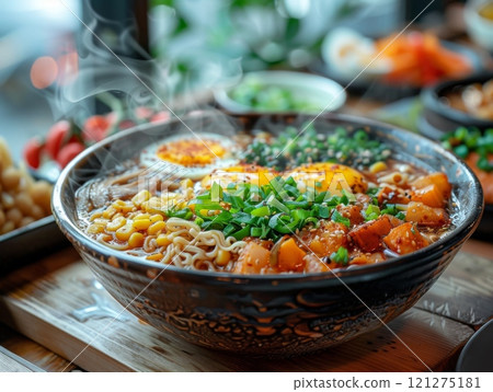 A bowl of steaming ramen stands on a table in a Japanese cafe . 121275181