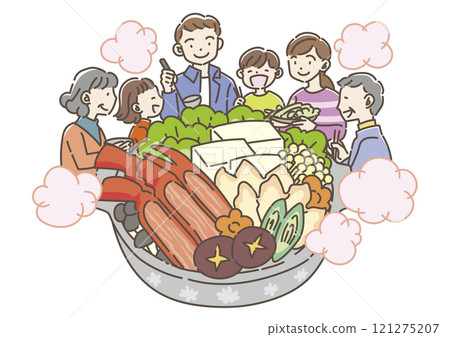 Family eating crab hotpot 121275207