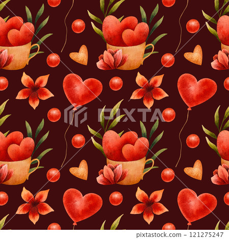 watercolor seamless pattern featuring red hearts, flowers, balloons, and green leaves, symbolizing love and romance. Perfect for Valentine's Day cards, wrapping paper, and festive designs watercolor seamless pattern featuring red hearts, flowers, balloons, and green leaves, symbolizing love and romance. Perfect for Valentine's Day cards, wrapping paper, and festive designs 121275247