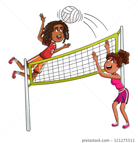 Cute African kids playing volleyball, cartoon-style sports illustration 121275511