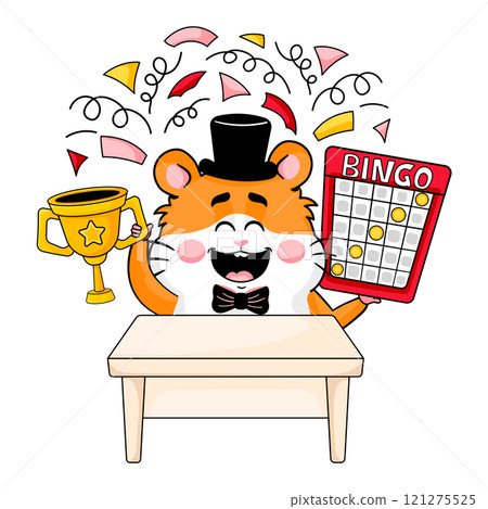 Cute hamster mascot winning bingo championship with funny happy emotion, cartoon style 121275525