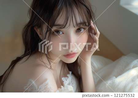 一位女模特兒抬起頭,將下巴靠在背上 一位女模特兒抬起頭,將下巴靠在背上 121275532