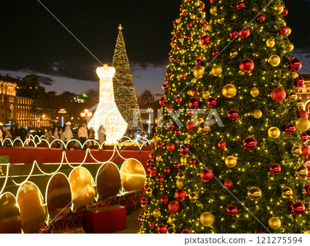 decorated Xmas trees on Republic Square in Yerevan 121275594