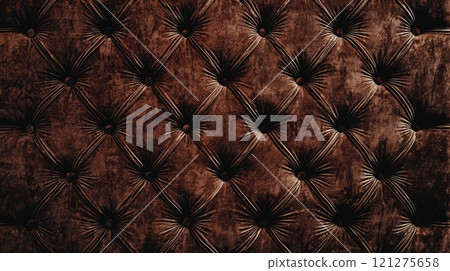 Luxurious dark brown leather upholstery with button-tufted design and vintage texture 121275658