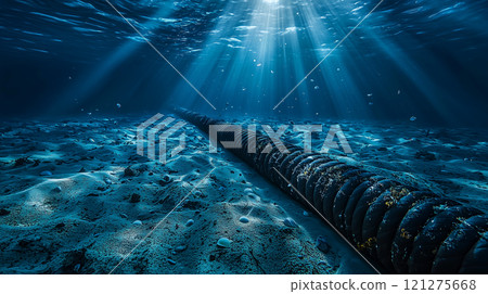 Underwater view of submarine cable on ocean floor with sunlight streaming through water 121275668