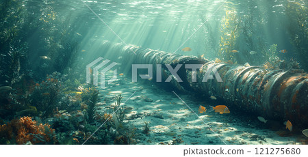 Sunlit underwater scene with coral, fish, and rusty pipe in a vibrant marine habitat 121275680