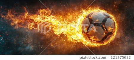 Dynamic soccer ball engulfed in fiery flames capturing energy and movement inspired scene 121275682