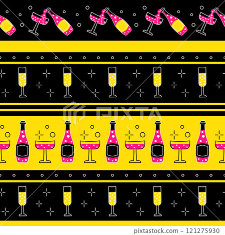 Seamless pattern with champagne bottles and glasses on black background for celebration Seamless pattern with champagne bottles and glasses on black background for celebration 121275930