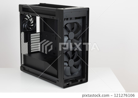 Side view of empty  big tower, PC case, chassis, two extra-thick 200 x 38 mm front fans for maximum air intake 121276106