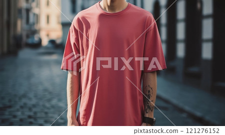 Model is wearing Oversized Street T-Shirt Mockup 121276152