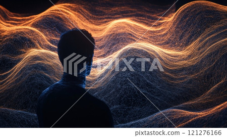 Explore Abstract Digital Waves and Human Silhouette in Interactive Art, blending motion and tech 121276166