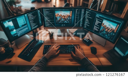 Person Using Multiple Screens And Devices 121276167