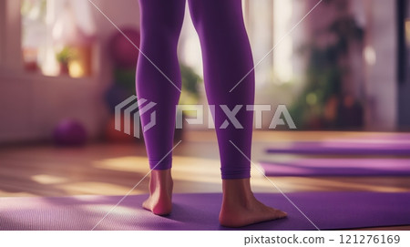 Person Wearing Purple Leggings At A Yoga Class 121276169