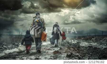 The Long Journey of Refugees Trekking Along the Train Tracks in a Distant, Unfamiliar Land The Long Journey of Refugees Trekking Along the Train Tracks in a Distant, Unfamiliar Land 121276182