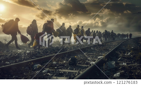 The Long Journey of Refugees Trekking Along the Train Tracks in a Distant, Unfamiliar Land 121276183