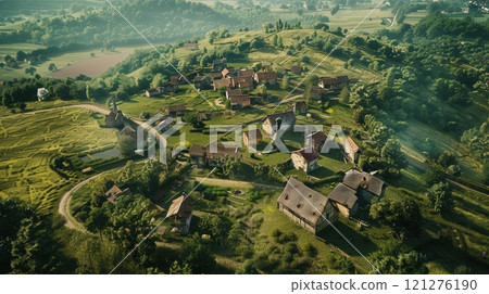 Medieval European Village Farmland Aerial View 121276190