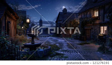 Medieval village at night, illuminated by the soft glow 121276191