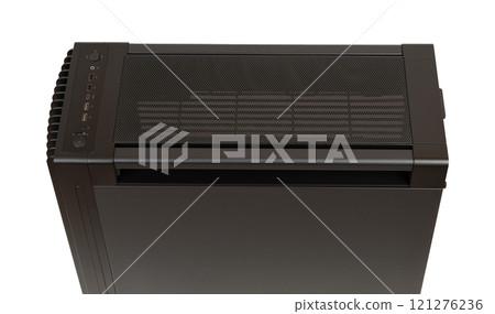 Big tower, PC case, chasis, photo of the top of the computer case, removable dust filter, connectors USB 2.0, USB 3.2 Gen 1, USB-C, Headphones are in front panel. Big tower, PC case, chasis, photo of the top of the computer case, removable dust filter, connectors USB 2.0, USB 3.2 Gen 1, USB-C, Headphones are in front panel. 121276236