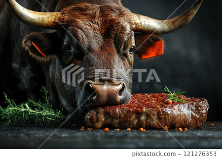 Bull staring at cooked steak garnished 121276353