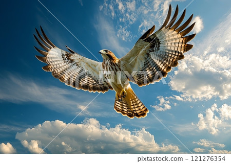 Predatory eagle soars in the blue sky - honey buzzard, view from below 121276354