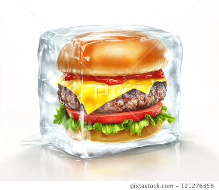 Frozen Cheeseburger in square block of ice - concept of deep freezing and preservation of products 121276358