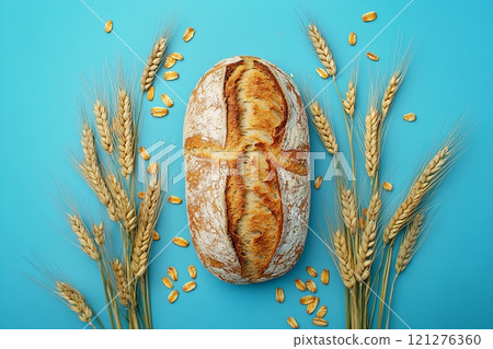 Artisan Loaf with Spikelets of Wheat on Blue Background 121276360