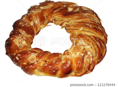Baked bagel isolated on white background. Sweet food, multiple ring stuffed and scattered on surface Baked bagel isolated on white background. Sweet food, multiple ring stuffed and scattered on surface 121276444