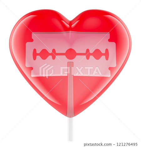 Heart shaped lollipop with double edge razor inside, danger love concept. 3D rendering 121276495