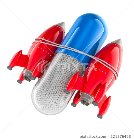 Medicament capsule with rockets. 3D rendering Medicament capsule with rockets. 3D rendering 121276498