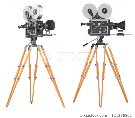 Retro movie camera, side and front views. 3D rendering 121276502